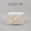 Pearl Starfish Seed Bead Embroidered Coin Purse - Small Square Beaded Bag