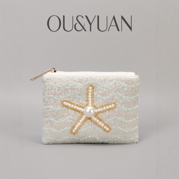 Pearl Starfish Seed Bead Embroidered Coin Purse - Small Square Beaded Bag
