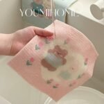 Wood Pulp Cotton Dish Cloth - Cute Bear Print Non-Greasy Kitchen Sponge Cloth