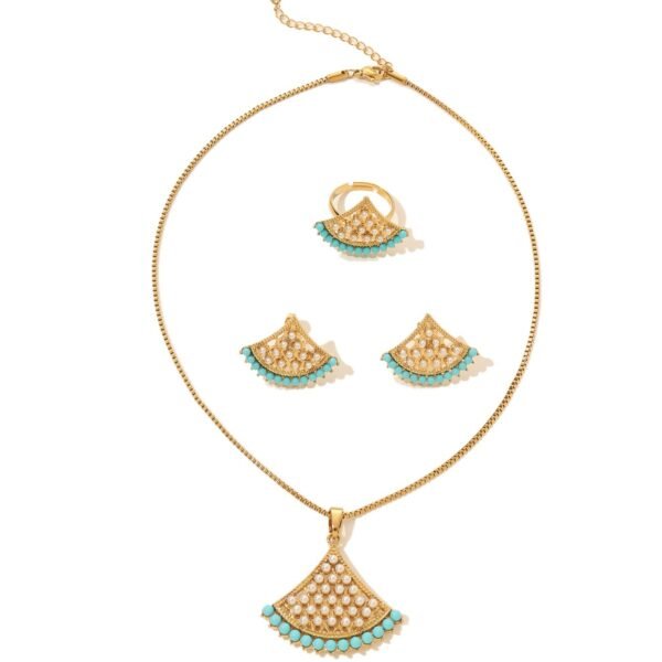Arabian Cross-Border Fan-Shaped Necklace Set, Gold-Plated Imitation Pearl Earrings and Ring