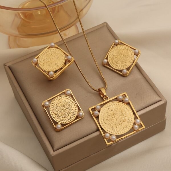 Turkish Style Gold Coin Jewelry Square Cut-Out Frame Pearl Necklace Set