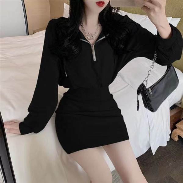 Hooded Sweater Hip Skirt Waist Slimming Base All-match Korean Style Dress