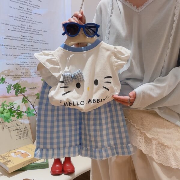 Girls Flying Sleeve Bow Two-Piece Set - Short Sleeve Top and Shorts