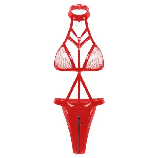 Foreign Trade Source European and American New Sexy Set Sexy Women's Patent Leather Mesh Three-Point Rope Belt One-Piece Underwear