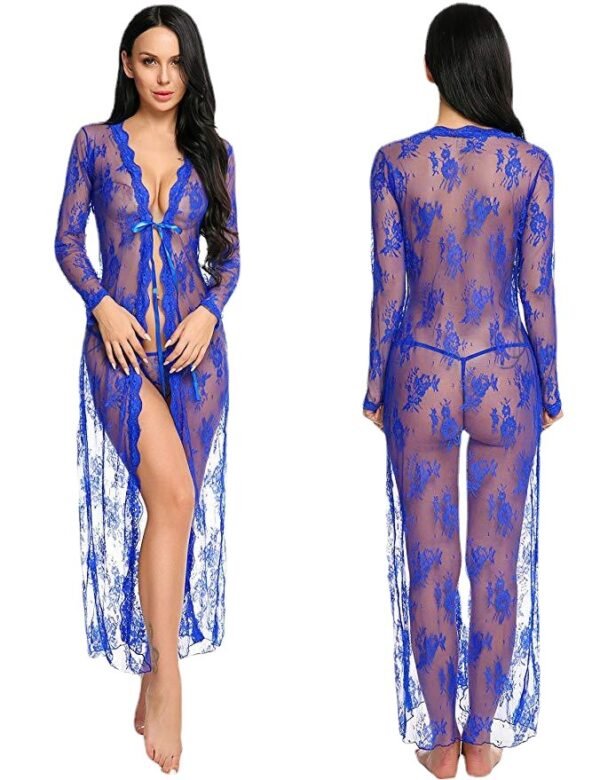 Foreign Trade Supply European and American New Women's Sexy Lace Mesh Transparent Robe Nightgown
