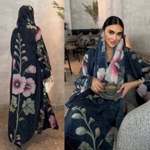 LN239 Cardigan long à imprimé floral bleu marine avec ensemble foulard