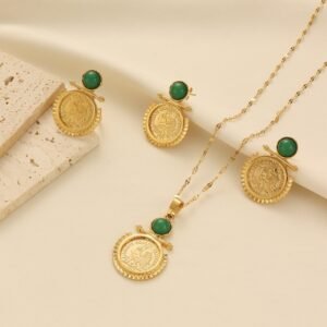 Vintage Gold-Plated Coin Inlay Necklace Set, Rooster Pattern Chain Pendant