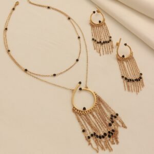 Retro Copper Alloy Double Chain Heavy Tassel Necklace Black Diamond Earrings Set