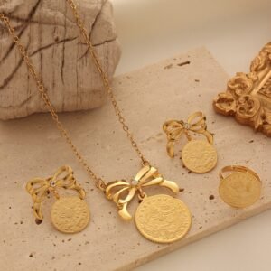 Cross-Border Coin Badge Pendant Necklace Bowknot Jewelry Set