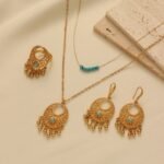 Turquoise Hollow-Out Jewelry Set, 24K Gold-Plated Double-Layered Three-Piece Set