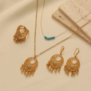 Turquoise Hollow-Out Jewelry Set, 24K Gold-Plated Double-Layered Three-Piece Set