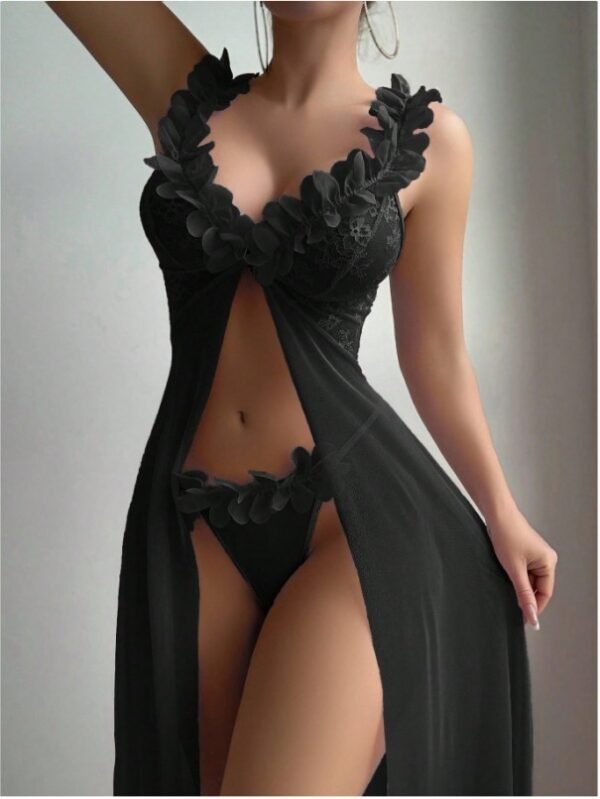 Cross-Border Foreign Trade European and American New Sexy Lingerie Sexy Women's Flower Front Placket Mesh Suspender Long Skirt Sexy Suit