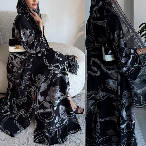 LN235 Black Base Retro Chain Print Long Cardigan Set