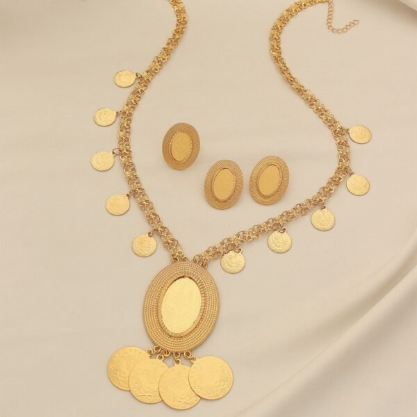 Turkish Gold-Plated Ancient Coin Necklace Earrings Ring Three-Piece Set