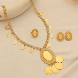 Turkish Gold-Plated Ancient Coin Necklace Earrings Ring Three-Piece Set