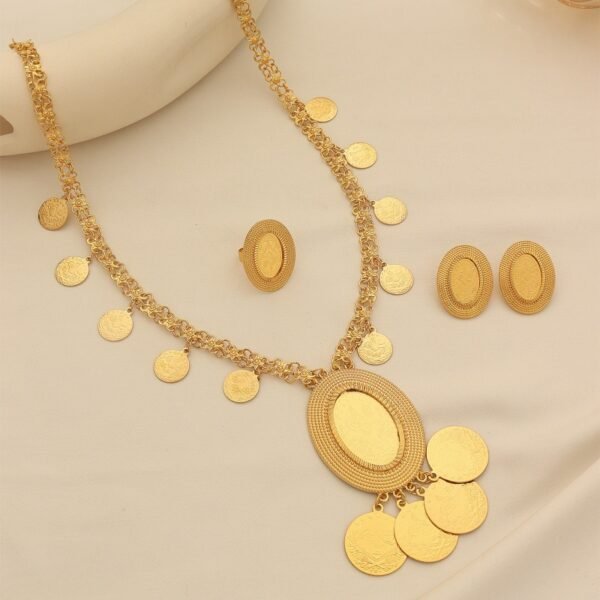 Turkish Gold-Plated Ancient Coin Necklace Earrings Ring Three-Piece Set