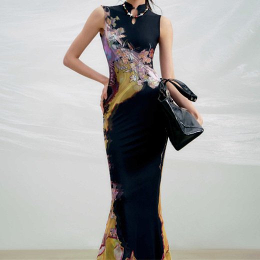 Cross-Border New Chinese-Style National Fashion Color-Blocked Cheongsam Dress Women's Summer Fishtail Tank Dress Waist-Cinching Long Skirt