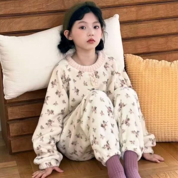 Girls' Pajamas Autumn Winter Thickened Fleece-Lined Floral Home Wear