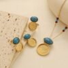 Gold-Plated Ancient Coin Pendant Necklace Beaded Chain Blue Turquoise Earrings Three-Piece Set