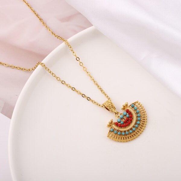 European and American Retro Fan-Shaped Turquoise Jewelry Three-Piece Set, Ethnic Style Peacock Western Necklace
