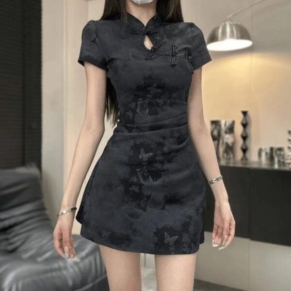 Chinese-Style Plate Buckle National Style Improved Cheongsam Short Pleated Slim Fit Dress