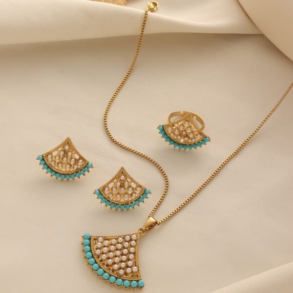 Arabian Cross-Border Fan-Shaped Necklace Set, Gold-Plated Imitation Pearl Earrings and Ring