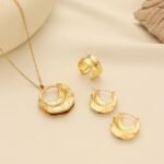 European Leaf Texture Necklace Set Open Adjustable Ring Gold-Plated 3-Piece