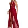 Cross-Border Foreign Trade European and American New Sexy Underwear Sexy Women's Mesh Yarn Halterneck Hollow Split Long Skirt Sexy Suit