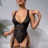 Cross-Border Foreign Trade European and American Style Sexy Lingerie Mesh Striped Garter Belt Bodysuit