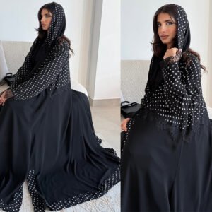 LN260 Robe longue modeste avec bordure en dentelle et cardigan écharpe à pois