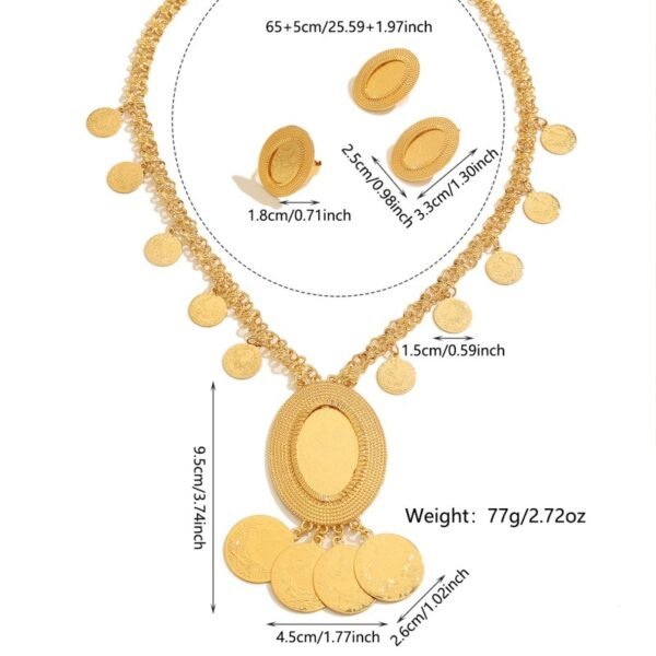 Turkish Gold-Plated Ancient Coin Necklace Earrings Ring Three-Piece Set