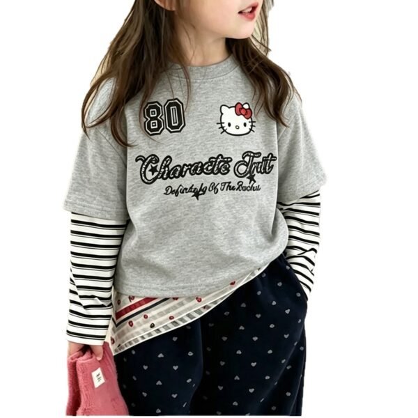 Children's Two-in-One Long Sleeve T-Shirt, Cartoon Patchwork Sleeve Top