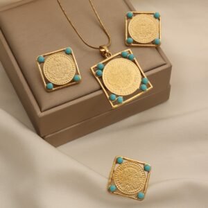 Turkish Style Gold Coin Jewelry Square Cut-Out Frame Pearl Necklace Set