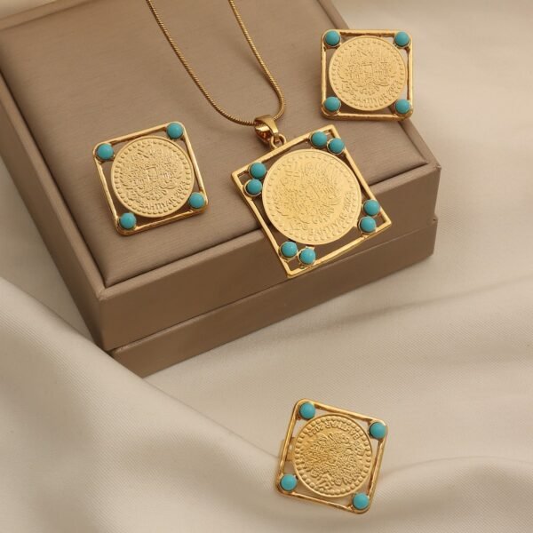 Turkish Style Gold Coin Jewelry Square Cut-Out Frame Pearl Necklace Set