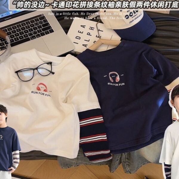 Boys' Pure Cotton Long-Sleeve T-Shirt, Children's Faux Two-Piece Base Shirt, Spring Autumn Style