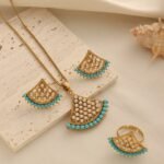 Arabian Cross-Border Fan-Shaped Necklace Set, Gold-Plated Imitation Pearl Earrings and Ring
