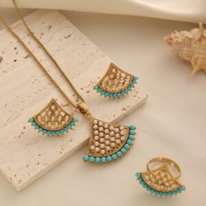 Arabian Cross-Border Fan-Shaped Necklace Set, Gold-Plated Imitation Pearl Earrings and Ring