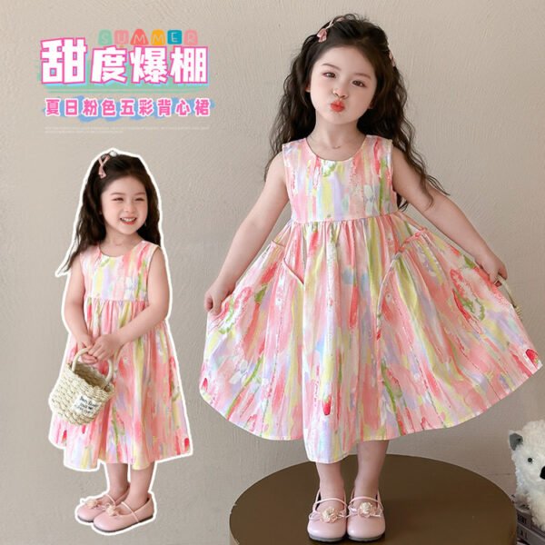 Girls' Graffiti Vest Dress, Summer Rainbow Pink Princess Dress