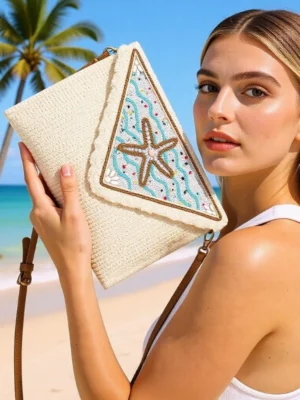 Bohemian Style Straw Woven Crossbody Bag - Beaded Patchwork Shoulder Bag