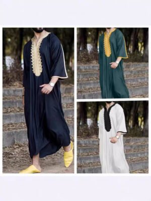 Mens Embroidered Short Sleeve Long Shirt - Striped Ethnic Style Kurta
