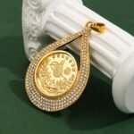 Middle East Dubai Vintage Carved Pendant Necklace, Ethnic Style, Vacuum Thickened Electroplated Gold