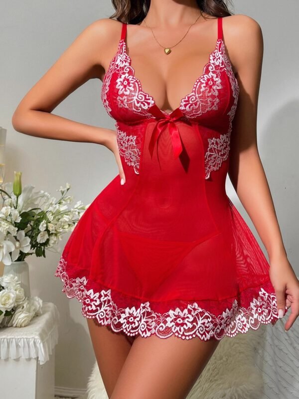 Cross-Border Foreign Trade European and American New Sexy Lingerie Sexy Women's Lace Mesh Bow Pajamas Sexy Suit