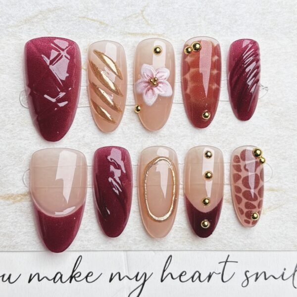 Wy226 Caramel Amber Brown-Red Gilt 3D Wearable Nails