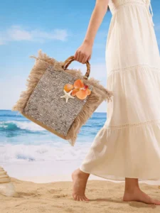 Bohemian Beach Straw Bag with Shoulder Strap – Bamboo Tote Summer Handbag