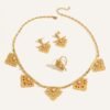 Rhombus-Shaped Red Turquoise Pendant Necklace Gold-Plated Three-Piece Set, Middle Eastern Bride Jewelry