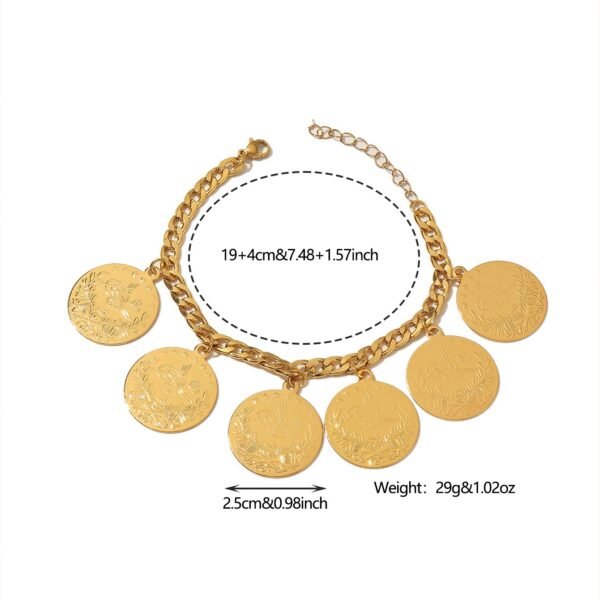 Copper Alloy Electroplated Badge Bracelet, Coin Style Ethnic Jewelry, Retro Gold Geometric Shape 4 Copper Alloy Electroplated Badge Bracelet, Coin Style Ethnic Jewelry, Retro Gold Geometric Shape