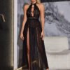 Cross-Border Foreign Trade European and American New Sexy Underwear Sexy Women's Mesh Yarn Halterneck Hollow Split Long Skirt Sexy Suit