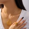 Middle Eastern Gold-Plated Necklace with Sun God Flower Wreath, Diamond-Encrusted Hollow Pendant Set 2 Middle Eastern Gold-Plated Necklace with Sun God Flower Wreath, Diamond-Encrusted Hollow Pendant Set