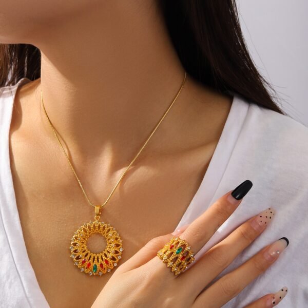 Middle Eastern Gold-Plated Necklace with Sun God Flower Wreath, Diamond-Encrusted Hollow Pendant Set 2 Middle Eastern Gold-Plated Necklace with Sun God Flower Wreath, Diamond-Encrusted Hollow Pendant Set