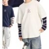 Boys' Pure Cotton Long-Sleeve T-Shirt, Children's Faux Two-Piece Base Shirt, Spring Autumn Style